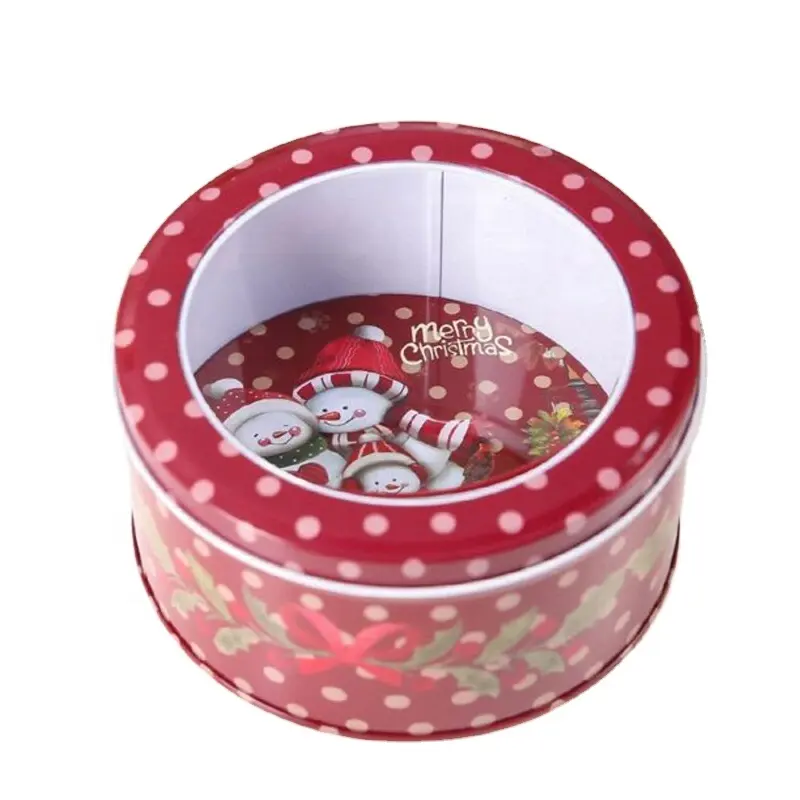 Caixa de lata redonda personalizada para biscoitos de Natal com tampas de PVC, recipiente para armazenar alimentos para presentes de Natal e feriados