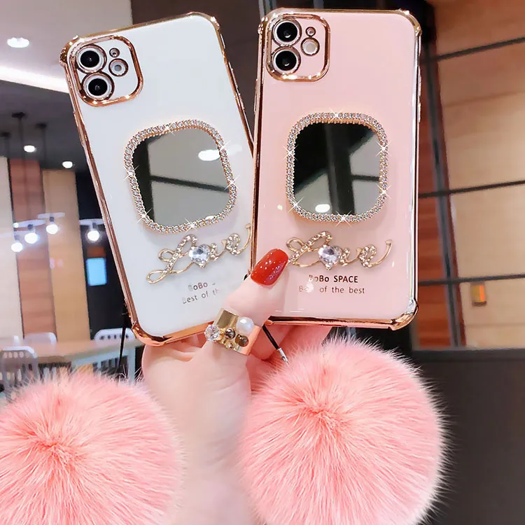 Luxury make up cute hair ball soft mirror phone case for iphone 12 pro max 11 XR SE 2020 phone casing cover