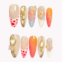 Faux ongles à presser artistiques, color block orange rose, avec ligne dorée liquide, fleurs transparentes et perles, fourniture personnalisée pour supermarché