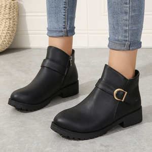 Comfortable Women's Ankle Boots <b>Round</b> <b>Toe</b> Side Zipper Design Chunky Low <b>Heel</b> For Daily Office Wear - Product Image 2