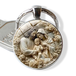 Religious Virgin Mary Keychain Catholic Blessed Retro Metal Glass Key Chains Angel Baby Key Rings Bautizo Baptism Favors Pendant