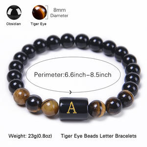Gelang Manik-manik Mata Harimau & Obsidian Alami A-Z Desain Tali Elastis Bentuk Huruf Perhiasan Pernikahan Modis Pria Wanita - Product Image 5