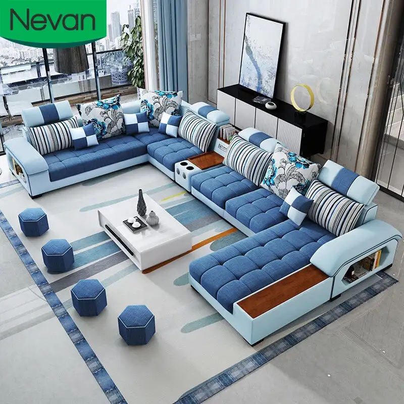 Nueva moda de lujo de látex en forma de U de corte transversal esquina 7 plazas tela de lino sofá moderno conjunto de diseños muebles de sala para A casa