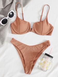 11colors Sexy Ribbed Underwire <strong>Bikini</strong> Women Solid V-bra Push Up Padded Two-piece <strong>Bikini</strong> Set High Cut Bathing Suit <strong>Thong</strong> <strong>Swimsuit</strong> - Product Image 5