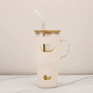 Household Cold Brew Glass Vessel 32oz Anti Collision Silicone Protector Ergonomic Handle Natural Bamboo <b>Straw</b> Cover - Product Image 5