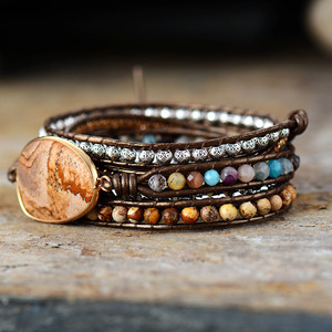 Pulsera de cuero de 5 hebras con piedra decorativa y engaste de bisel, tipo envolvente, Joyería - Product Image 3