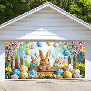 Bannière de porte de garage de Pâques, motif lapins bruns mignons, panier et œufs colorés floraux, housse de porte de garage personnalisable, décoration extérieure pour fête - Product Image 1
