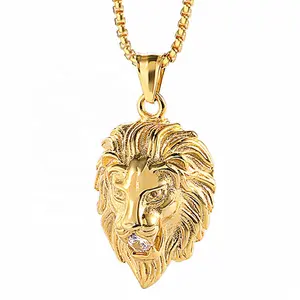 MECYLIFE Kalung Berlapis Emas 18K, Liontin Kepala Singa Baja Tahan Karat dengan Zirkon