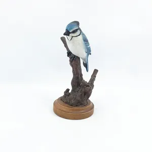 Resina sobre bifurcada troncos azul blanco Thrush pájaro estatua de madera como Base