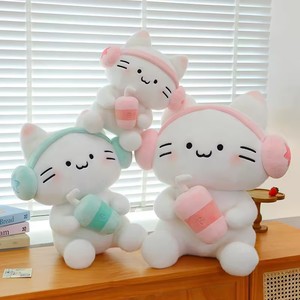 หูฟังแมวตุ๊กตาสัตว์ยัดไส้ถ้วยน้ำชา<span class=keywords><strong>นม</strong></span>ของเล่นแมวสีขาวนั่งได้หมอนโยนคู่เพื่อนของขวัญเด็กโลโก้ออกแบบได้ตามต้องการ - Product Image 1