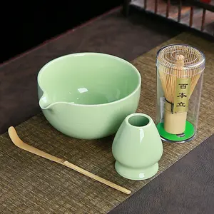 Boîte personnalisée 4 PCS Fouet Japonais Macha Poterie Bol Vert Avec Bec Cuillère En Bambou Ensemble Matcha Logo Pour Thé Matcha