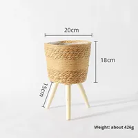 Gaya Nordic kayu padat bunga tinggi berdiri jerami anyaman Pot bunga rotan keranjang bunga untuk ruang tamu balkon dekorasi