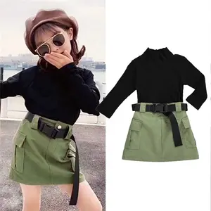 1-6Y Autumn Fashion Girls Clothes Sets 6 Colors Knit Long Sleeve Black Sweater Tops Army Green Skirts+Belt Outfits