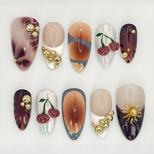 TSZS Ongles artificiels en forme d'amande avec motif léopard 3D de luxe, <span class=keywords><strong>rouge</strong></span> moyen, fleurs, <span class=keywords><strong>faux</strong></span> ongles, 30 pièces/ensemble, réutilisables - Product Image 4