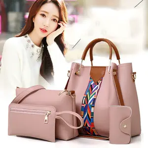 2024 Wholesale 4 Pc PU Leather Handbags Purse Crossbody Bags Elegant Solid Color Bohemian Style Pattern Handbags in Sets