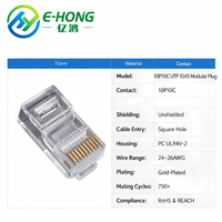 Connecteur RJ45 non blindé E-HONG 10P10C UTP, prise modulaire, boîtier PC haute résistance, trou carré transparent, plaqué or