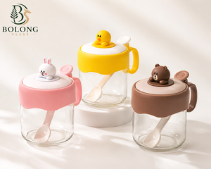 Pot en verre personnalisé avec logo, 180 ml, créatif, petit, mignon, en forme d'<span class=keywords><strong>animal</strong></span> (lapin, ours, canard), avec cuillère et poignée, pour épices et aliments, emballage Bolong - Product Image 6