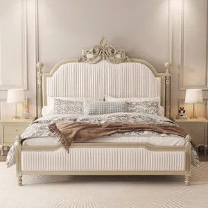 Cama de couro de tamanho completo, cama de couro moderna com tecido de madeira, móveis para quarto e quarto