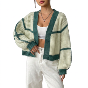 Cardigan en tricot color block pour femme, col rond, ouvert sur le devant, manches courtes, coupe classique, décontracté, automne-hiver - Product Image 3