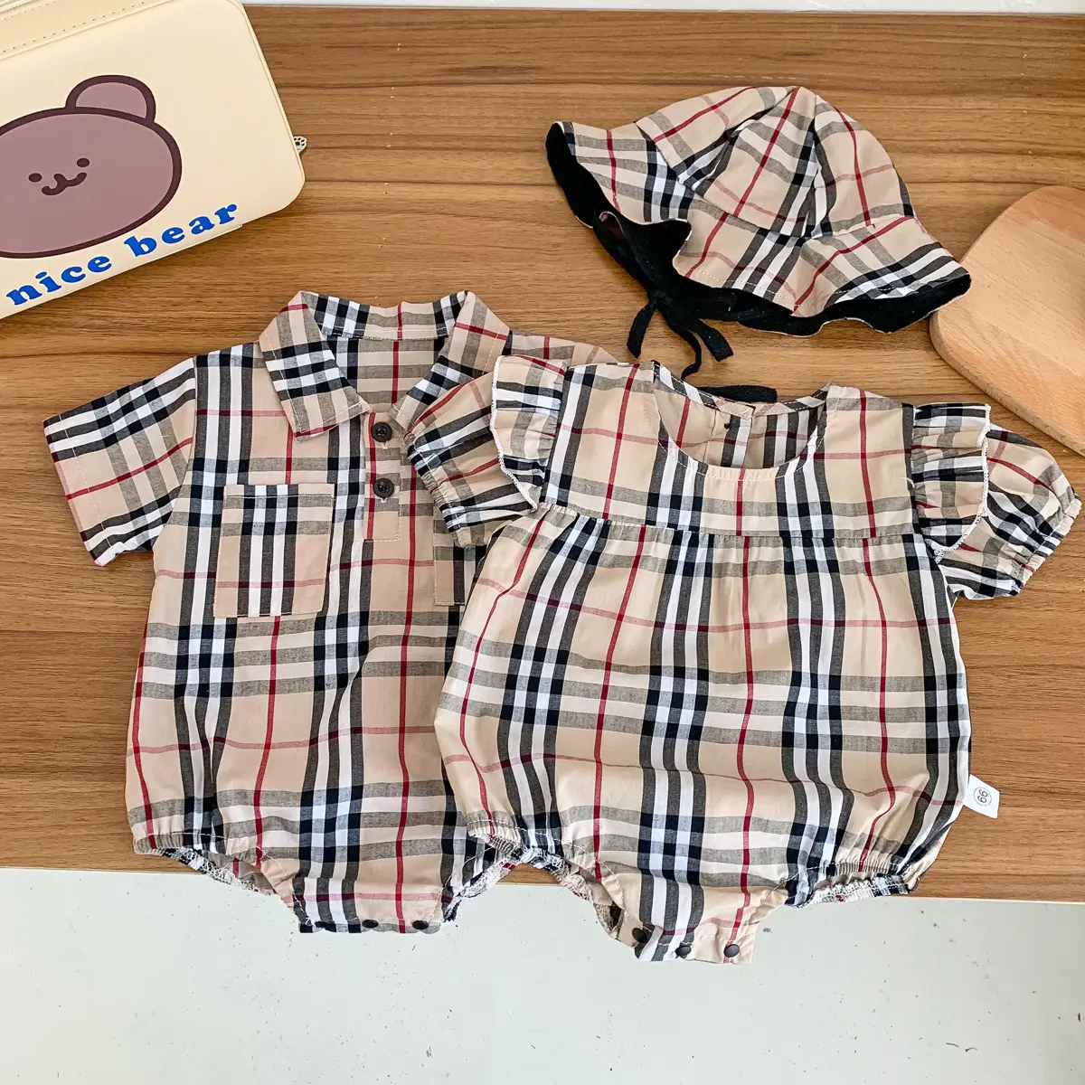 Wholesale 2022 Summer Plaid Brother And Sister Infant Baby Outfit Romper