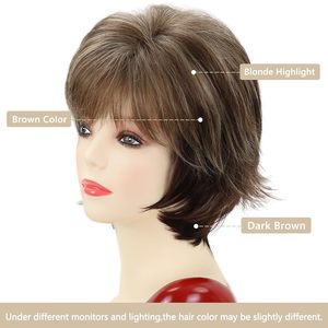 Perruque <span class=keywords><strong>courte</strong></span> brune TISHINING pour femmes blanches, coupe pixie avec frange, mèches blondes, aspect naturel et lisse - Product Image 4