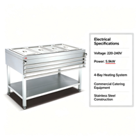 Bain-marie professionnel robuste en acier inoxydable OUTE 4 bacs, sur pied, avec armoire de rangement pour restaurant