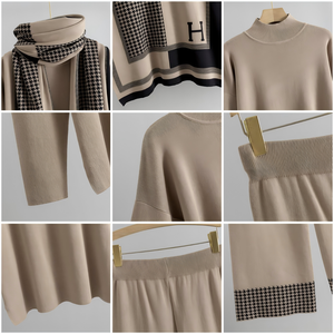 Elegante Maglione Lungo Antirughe a Collo Alto con Motivo Pied-de-Poule in Viscosa, Patchwork, per <span class=keywords><strong>Donna</strong></span>, Autunno Inverno - Product Image 3