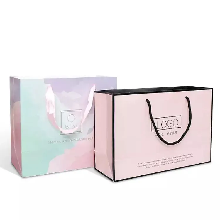 निर्माता कस्टम लक्जरी ब्रांड उपहार बैग पैकेजिंग सफेद गुलाबी काले कागज धन्यवाद आप अपने खुद के लोगो के साथ उपहार शॉपिंग बैग प्रिंट