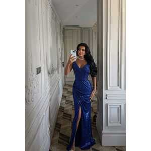 Robe de soirée en satin bleu marine Priscilla pour femme, chic, col montant, silhouette droite, longueur ras du sol, détail fente élégante, tailles XS-XL - Product Image 5