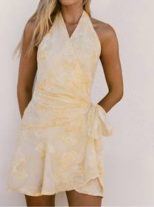 Vestidos casuales de verano sin espalda, sin mangas, con cuello halter, de color liso, bordados, tejidos, hasta la rodilla, transpirables para el día a día - Product Image 2