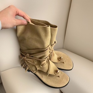 Bottines <span class=keywords><strong>Femme</strong></span> Automne-Été 2026 à Bout Pointu, Lacets Rayés, Talon Plat Bas, Style Coréen Souple, Détails <span class=keywords><strong>Chic</strong></span> à Pompons, Usage Quotidien - Product Image 1