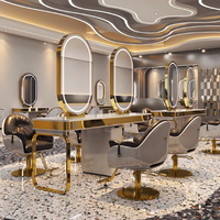 Grande Station de Coiffure/Maquillage Complète, Or, avec Miroir LED et Table, pour Salon de Coiffure ou Barber Shop