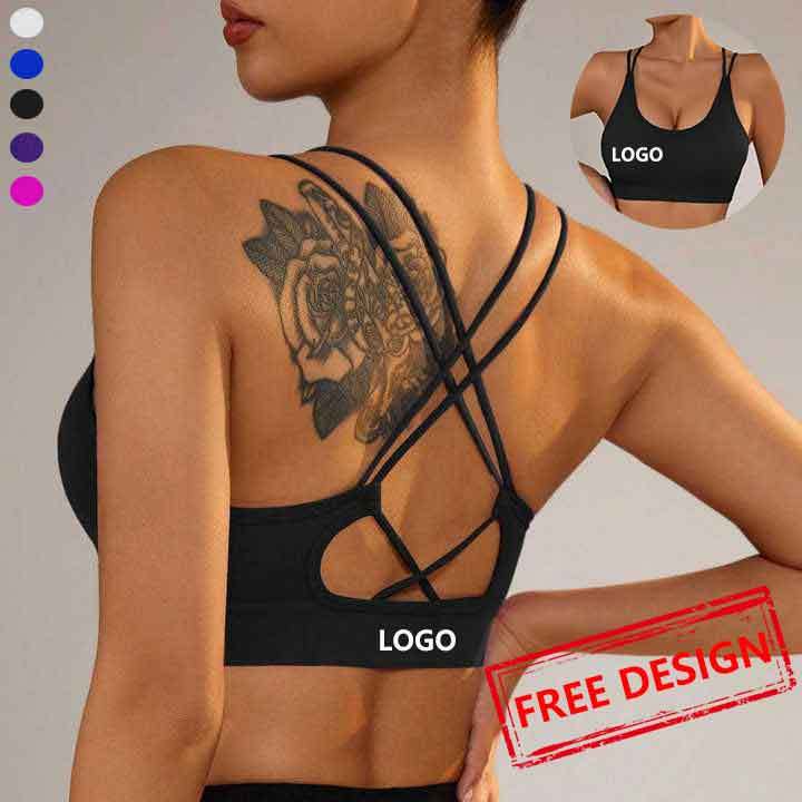 Custom Free Sample Backless High Quality Seamless Cross Back Yoga Bra Top Active Wear Padded Sexy Push up Sports Bras for Women