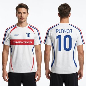 Uniforme de Fútbol Personalizado para Equipos Nacionales, Camiseta Blanca para Hombre con Líneas Curvas Rojas y Azules Dinámicas - Product Image 1
