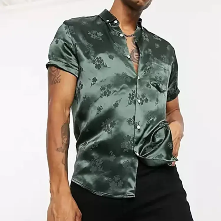 Latest new model wholesale button up silk satin shirt men stretch muscle shirt in green floral jacquard
