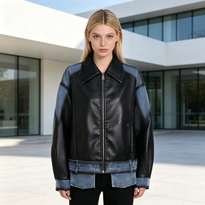 <span class=keywords><strong>Veste</strong></span> en <span class=keywords><strong>cuir</strong></span> PU noire coupe-vent élégante pour femme, <span class=keywords><strong>veste</strong></span> en <span class=keywords><strong>cuir</strong></span> surdimensionnée tendance avec patchwork en denim - Product Image 2