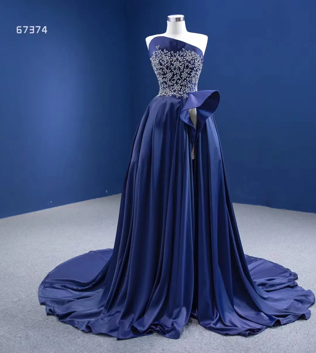 MAE0018-elegante vestido de cena sin mangas, vestido de noche de fiesta bordado con abertura larga, azul marino, quinceañera