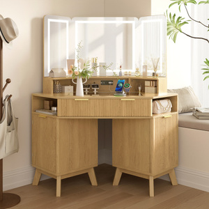 OE.HOME Modern Solid Wood 47.2" Corner Makeup Vanity Desk 3-Way Adjustable Standing Lighted <b>Mirror</b> Tempered Glass Top Charging - Product Image 1