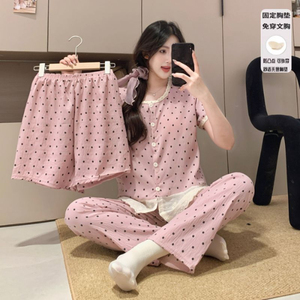 Conjuntos de ropa de dormir Pijamas Celebrante de Internet para mujer Verano Nueva nube Cinturón de algodón Almohadilla de pecho fija Pantalones cortos Conjunto de tres piezas Pijamas - Product Image 6