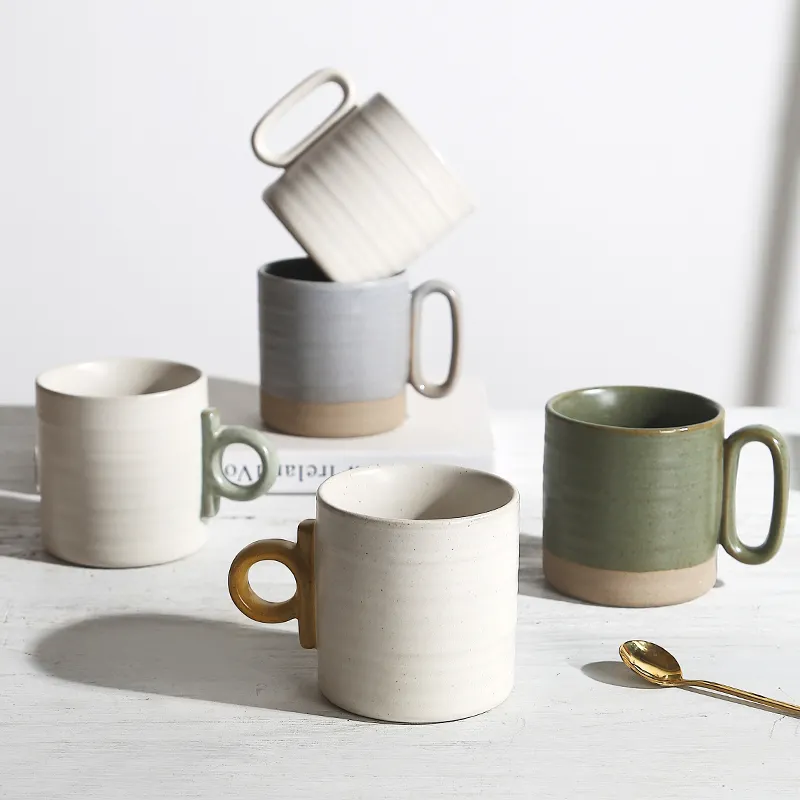 Mug Cangkir Dapat Disesuaikan Gaya Jepang, Peralatan Antik Banyak Warna Stoneware Cangkir Teh Kopi dengan Pegangan Kreatif