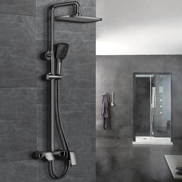 Modern Gun Grey Piano Key Shower Panel Set with LED Temperature Display | Thermostatic Waterfall Mixer Tap & Handheld Shower