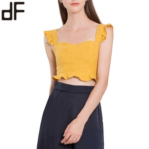 OEM estate Casual fantasia canotta camicie per le donne <span class=keywords><strong>senape</strong></span> di lino giallo svolazzare cinturino in <span class=keywords><strong>camicia</strong></span> Sexy Top corto con motivo intrecciato - Product Image 5