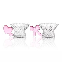 Tazas de Vidrio con Asa de Corazón y Lazo - Tazas de Vidrio Borosilicato de 250 ml con Diseño Acanalado, Lindas Tazas Transparentes para Café y Té con Asa Rosa