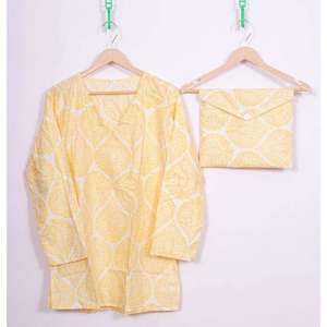 Ensemble pyjama femme en coton avec pantalon et chemise, taille élastique, imprimé à la main, respirant, pour l'automne, léger et confortable pour la nuit - Product Image 1