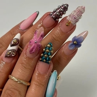 Nouveau design – Faux ongles longs en forme de cercueil à motifs floraux romantiques d'été, faits main et personnalisés, à presser, pour fête de filles, avec autocollants