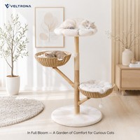 Arbre à chat sur plateforme en forme de fleur avec panier en osier, perchoir, poteau en sisal et base en peluche, mobilier d'escalade d'intérieur, vente en gros