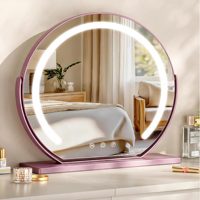 Miroir de maquillage de bureau intelligent à LED rond avec éclairage et fonctions personnalisées, construction en métal et verre
