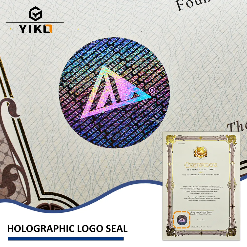 Papel de Certificado A3 de luxo personalizado com selo holográfico e folha de ouro estampado em papelão 300GSM para segurança de presente