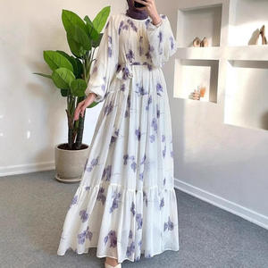 Muslim Summer Prayer Women's Fashionable Elegant Resort Middle East Round Neck <b>Abaya</b> Chiffon Floral with Belt Maxi Dress - Product Image 4