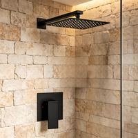 Système de douche encastré monofonction noir mat - Pommeau de douche carré effet pluie avec bras mural, mitigeur monocommande pour